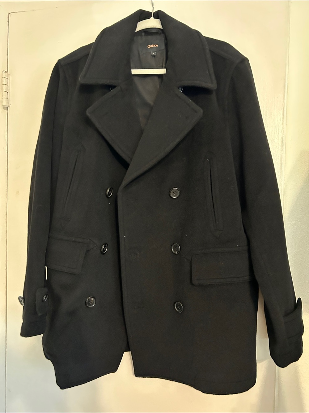 Quince Black Double-Breasted Wool Cashmere Pea Coat